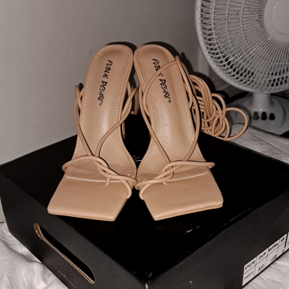Asos Public Desire Zing tie leg heeled sandals in beige
